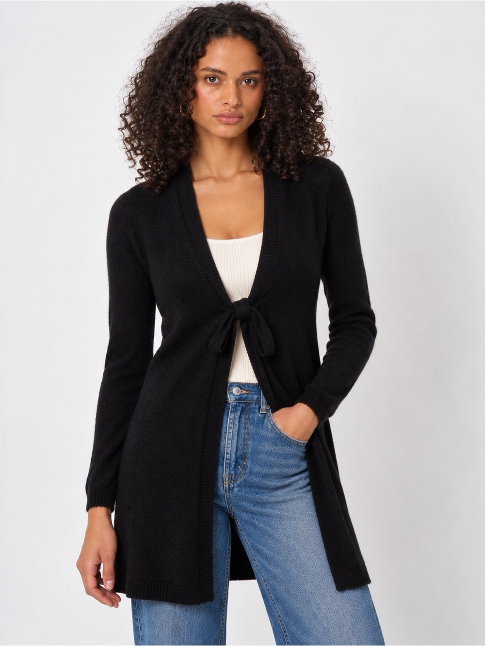 Repeat Cashmere Black Longline Tie Front Cardigan Sweater Women Size S
